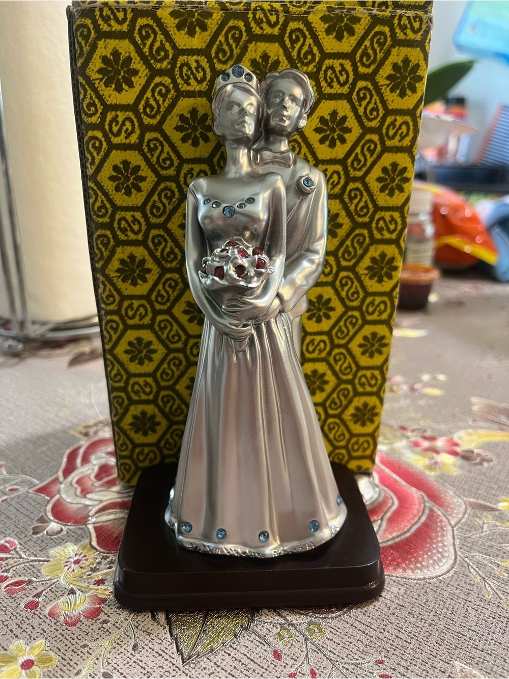 Silver Couple Wedding Cake Topper with Blue Accents